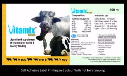 Printed self adhesive label design for livestock supplement packaging.