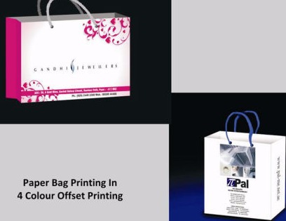 Printed paper bags shown in a product collage.